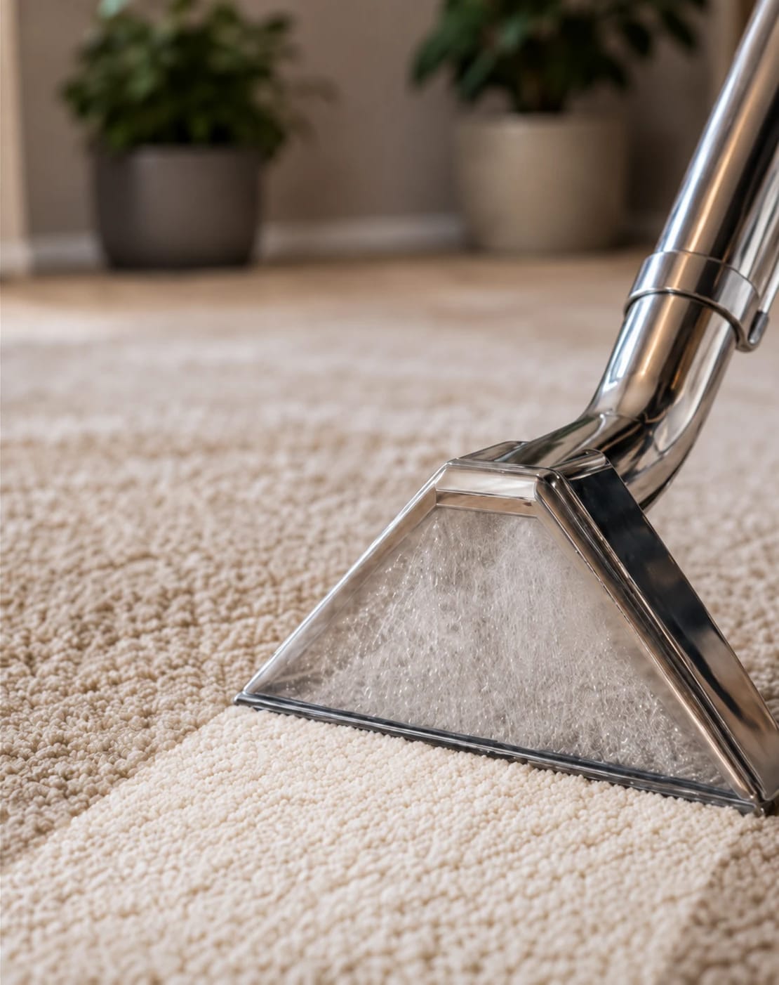Hot-water extraction wand cleaning a plush carpet