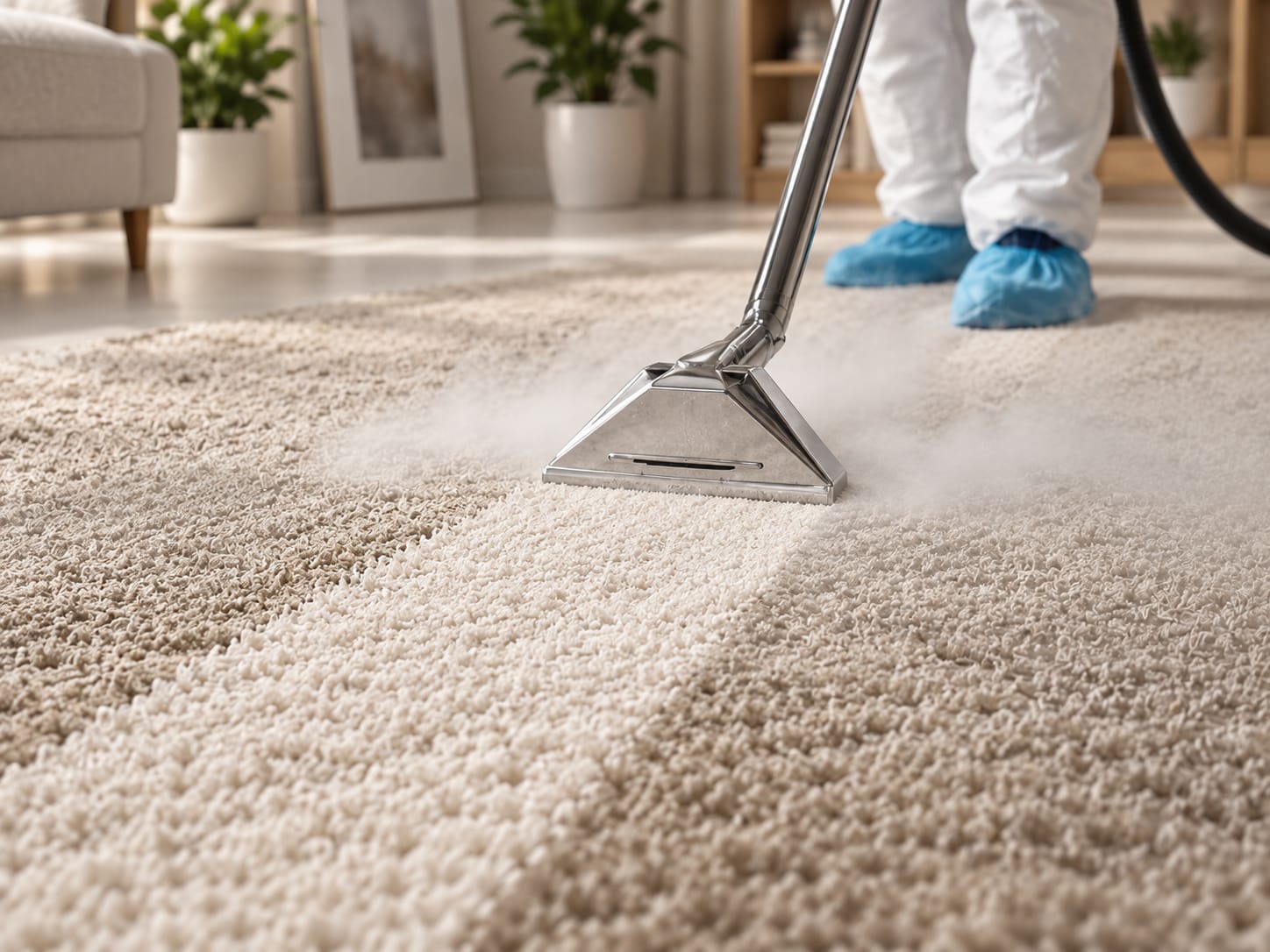 Hot-water extraction wand cleaning a beige carpet