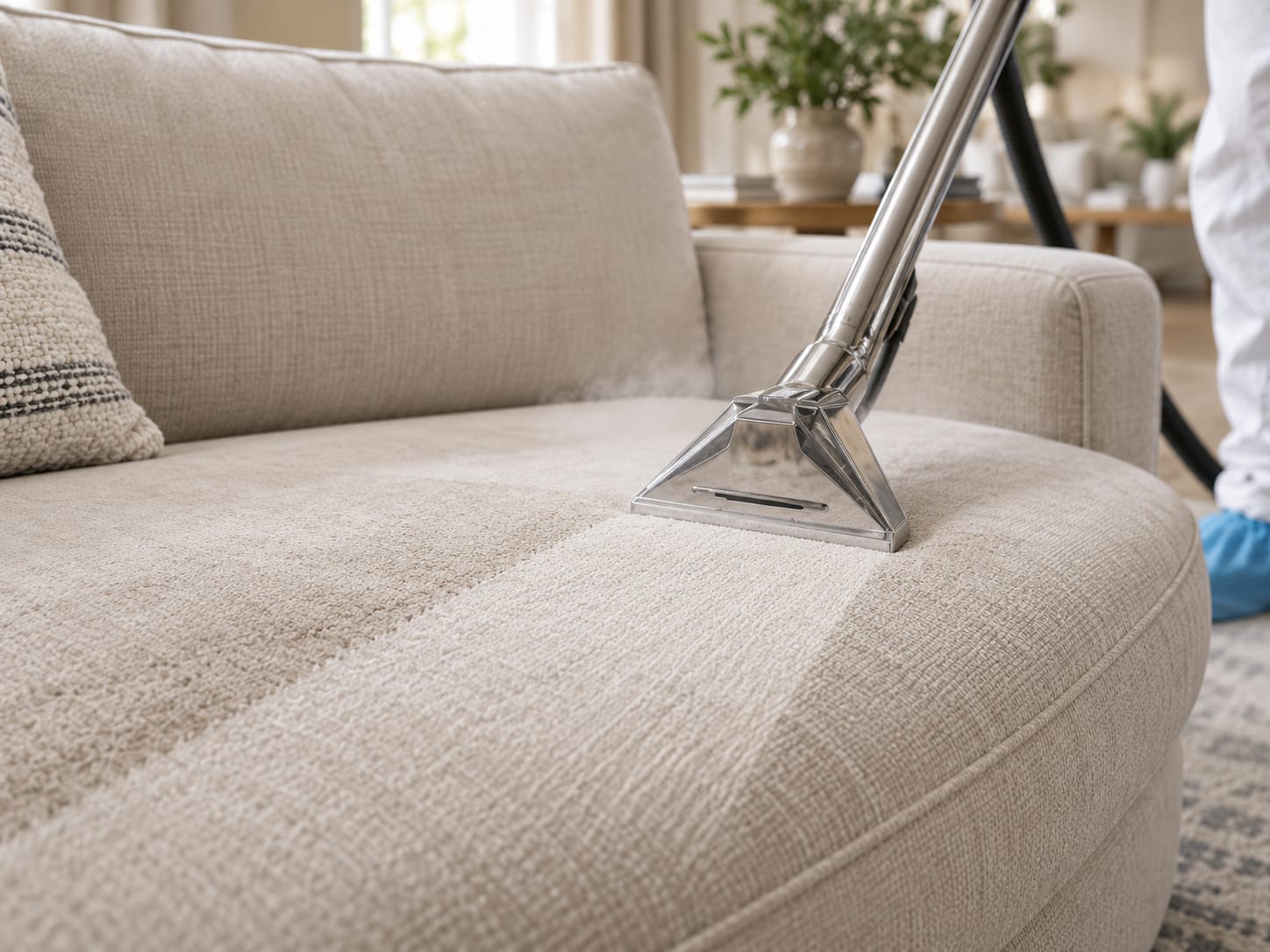 Upholstery extraction tool cleaning a light fabric sofa cushion