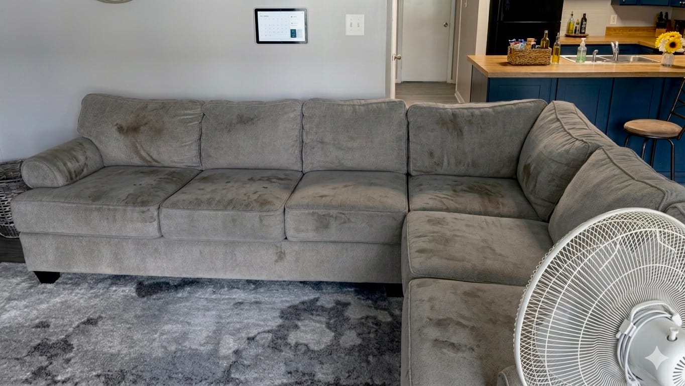 Before — gray sectional sofa with dark stains on every cushion