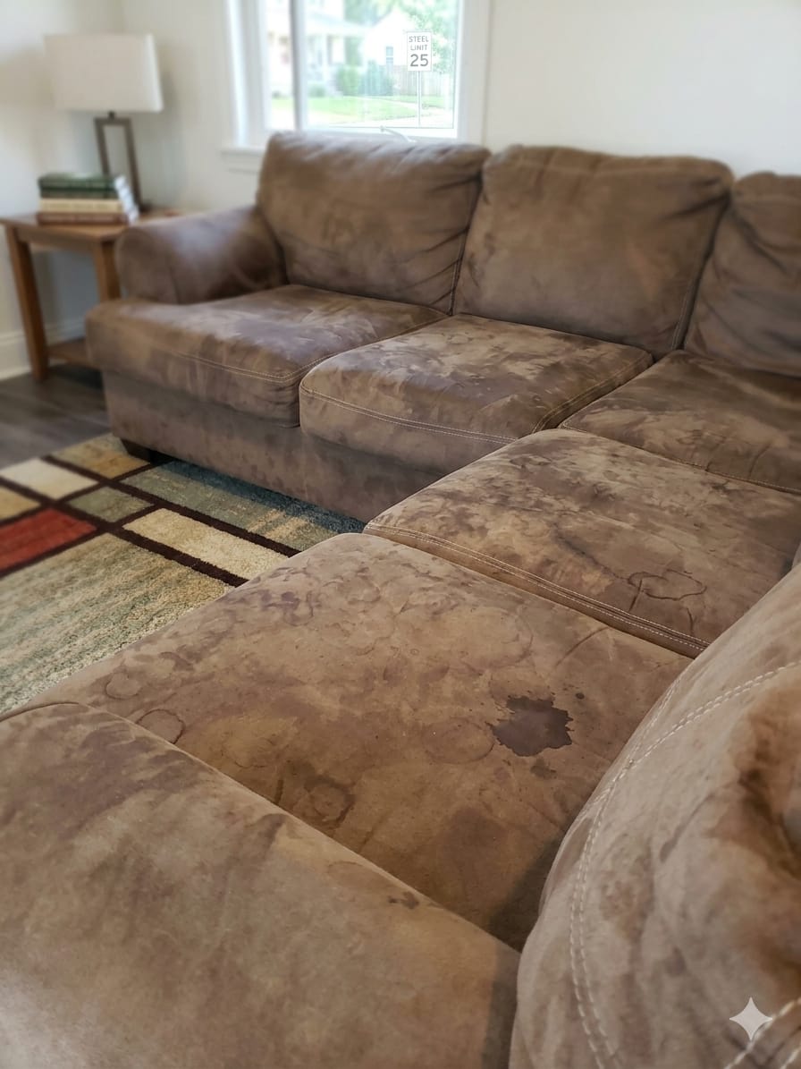 Before — tan sofa with dirt and stains on the cushions